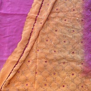 Beautiful pink and orange sari with thread and sequence work all over. Indian.